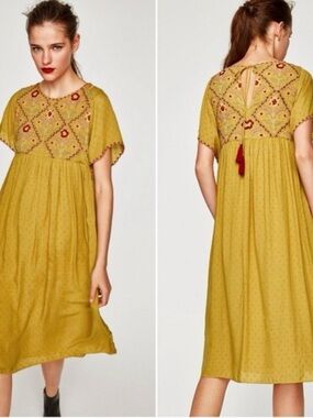 Zara Mustard Yellow Embroidered Midi Dress Size Large